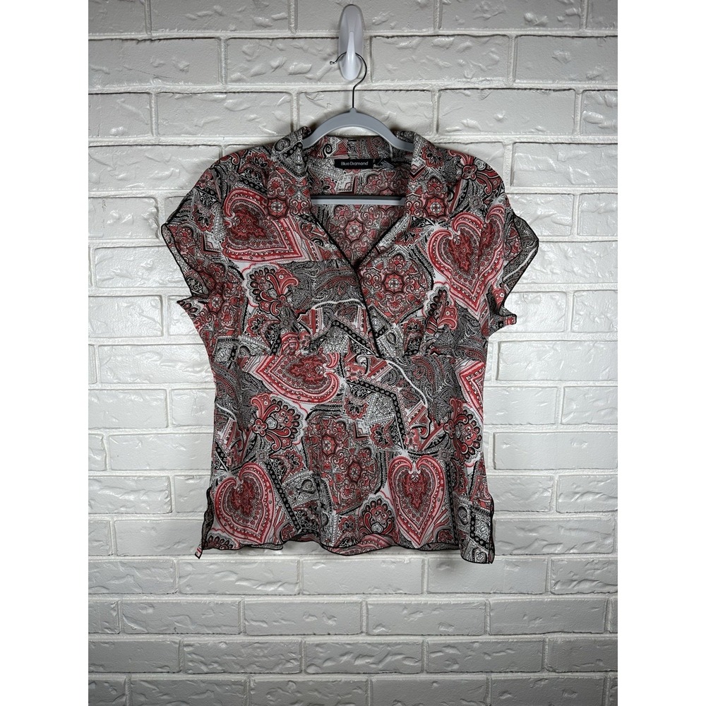 Blue Diamond L Pink Paisley Y2K Fairycore Surplice Top Office Siren